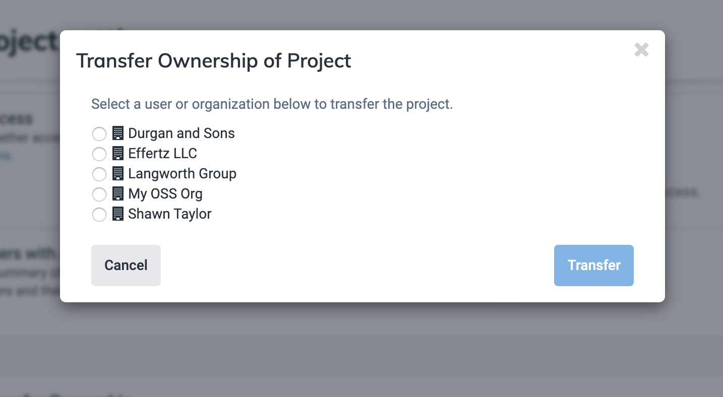 Transfer Project dialog